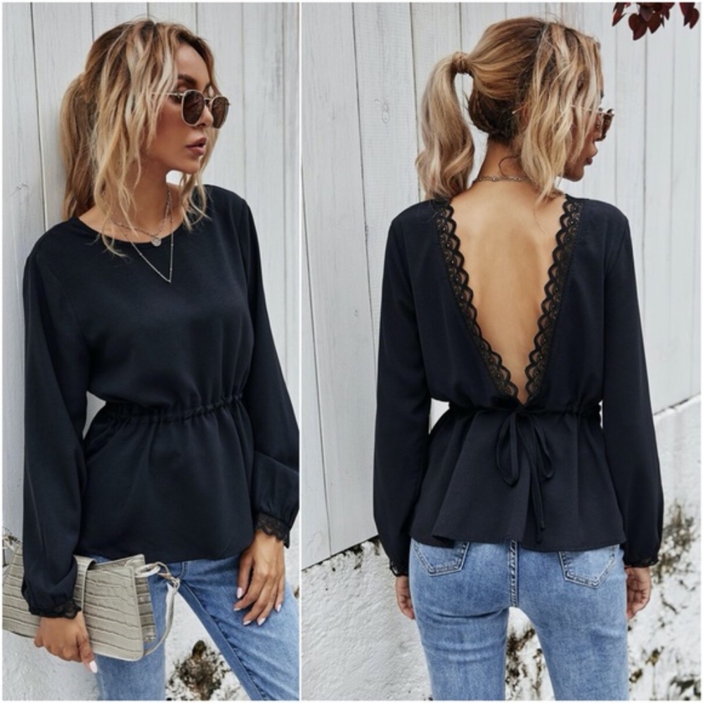 Open back babydoll long sleeve black blouse - Picture 1 of 6